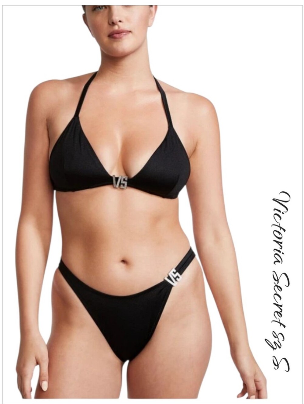 VS Black Shine Logo Hardware Halter Bikini Swimsuit Set S NWT